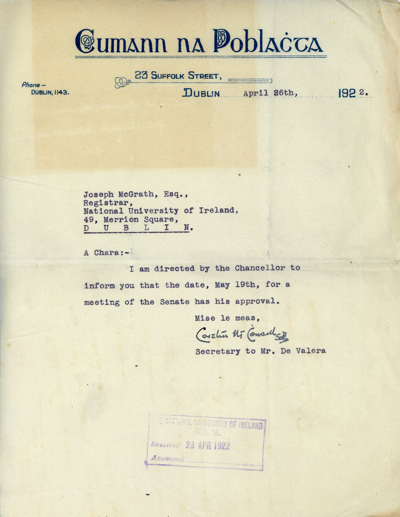 Letter approving date of Senate meeting 