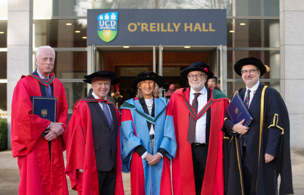 Photo - Higher Doctorate Recipients 2025 L-R: Professor Michael Keane (UCD College of Health and Agricultural Sciences), Professor Kevin Malone DMed, Professor Orla Hardiman DSc, Professor Harry Kennedy DMed, Professor Colin Scott (UCD Registrar)